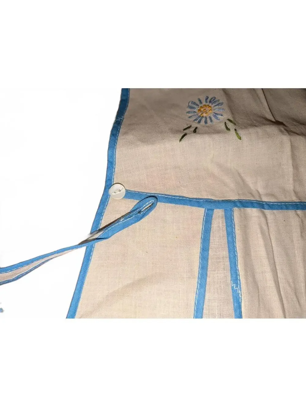 Vintage Embroidered Cotton Apron with Blue Trim and Floral Design